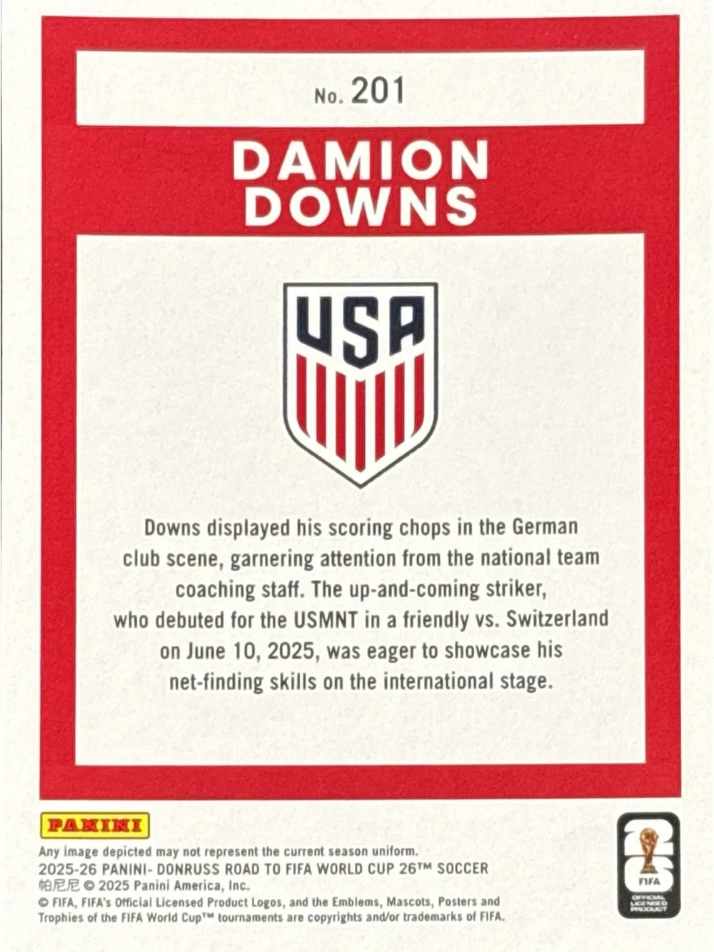 Panini Donruss World Cup Damon Downs Rookie Soccer Trading Card